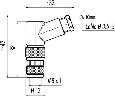 Scale drawing M8 Female angled connector, Contacts: 4, 3.5-5.0 mm, unshielded, screw clamp, IP67, UL 2238