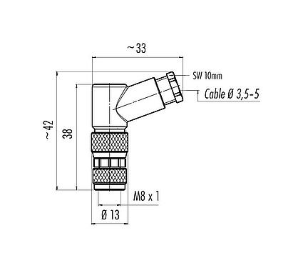 Dessin coté M8 Connecteur femelle coudé, Contacts: 3, 3,5-5,0 mm, non blindé, pince à visser, IP67, UL 2238