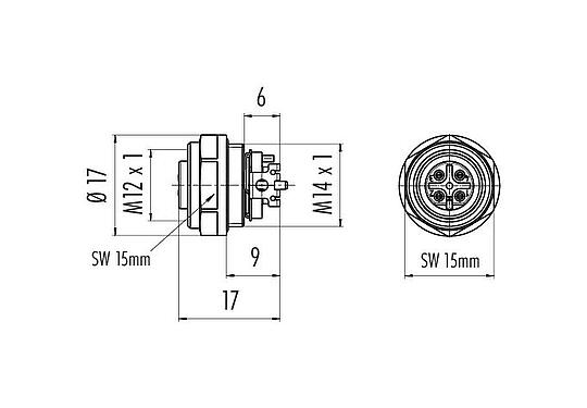 Dessin coté M12 Embase femelle, Contacts: 4, blindable, SMT, IP67, M14x1,0, Montage frontal
