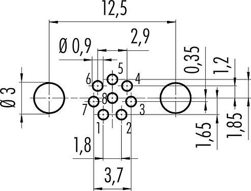 Conductor layout M8 Male panel mount connector, Contacts: 8, shieldable, THT, IP67, UL 2238, M8x1.0, Rear mounting, potted