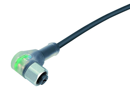 Ilustración 77 3834 0000 50004-0500 - M12-A Conector hembra en ángulo, Número de contactos: 4, sin blindaje, moldeado en el cable, IP69K, UL, PUR, negro, 4 x 0,34 mm², con LED PNP más cerca, Acero inoxidable, 5 m