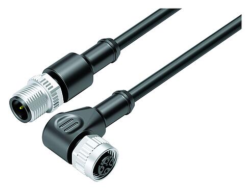 Illustration M12 Câble de raccordement connecteur mâle - connecteur femelle coudé, Contacts: 3, non blindé, surmoulé sur le câble, IP68/IP69K, UL 2238, PUR, noir, 3 x 0,34 mm², 10 m