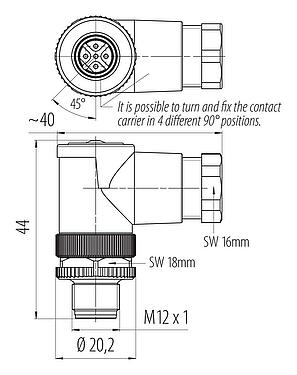 Dibujo a escala M12 Conector macho en ángulo, Número de contactos: 5, 6,0-8,0 mm, sin blindaje, tornillo extraíble, IP67, UL 2238
