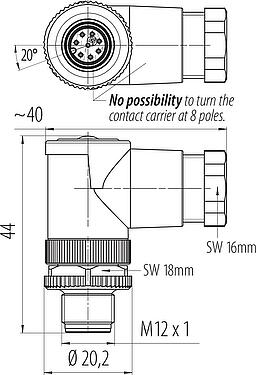 Dibujo a escala M12 Conector macho en ángulo, Número de contactos: 8, 6,0-8,0 mm, sin blindaje, tornillo extraíble, IP67, UL 2238