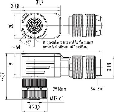 Scale drawing M12 Female angled connector, Contacts: 4, 6.0-8.0 mm, shieldable, crimping (Crimp contacts must be ordered separately), IP67, UL 2238