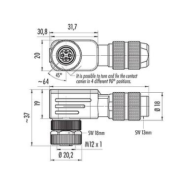 Scale drawing M12 Female angled connector, Contacts: 4, 6.0-8.0 mm, shieldable, crimping (Crimp contacts must be ordered separately), IP67, UL 2238