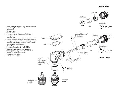 Assembly instructions M12 Male angled connector, Contacts: 4, 4.0-6.0 mm, shieldable, screw clamp, IP67, UL 2238, with shielding ring