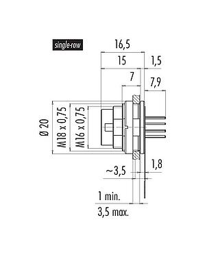 Dibujo a escala M16 Enchufe de brida, Número de contactos: 12 (12-a), sin blindaje, THT, IP67, M18x0,75, Montaje en pared