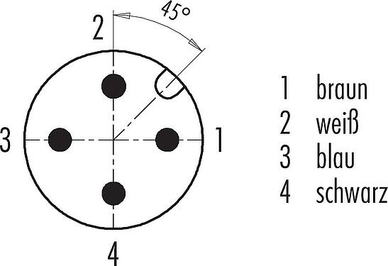 Disposition des contacts (Côté plug-in) M12 Connecteur mâle, Contacts: 4, non blindé, surmoulé sur le câble, IP68/IP69K, UL 2238, Standard, PVC, jaune, 4 x AWG 22, 1 m
