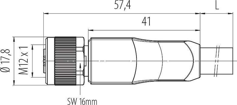 Dessin coté M12 Connecteur femelle, Contacts: 4+PE, non blindé, surmoulé sur le câble, IP68, UL 2238, PUR, noir, 5 x 1,50 mm², 2 m