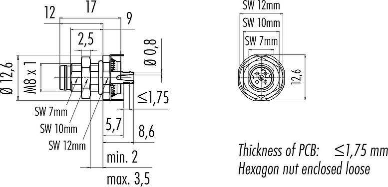Scale drawing M8 Male panel mount connector, Contacts: 4, shieldable, THT, IP67, M8x1.0, Rear mounting, potted