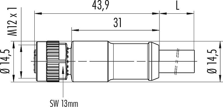 Scale drawing M12 Female cable connector, Contacts: 4, unshielded, moulded on the cable, IP68, PUR, black, 4 x 1.50 mm², 2 m