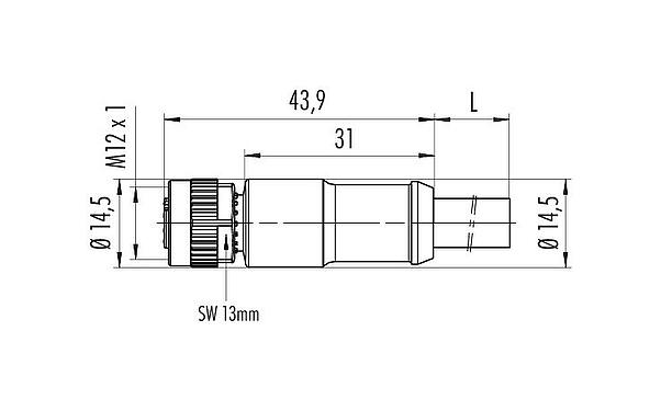 Dibujo a escala M12 Conector de cable hembra, Número de contactos: 4, sin blindaje, moldeado en el cable, IP68, PUR, negro, 4 x 1,50 mm², 10 m