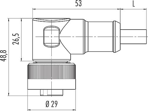 Scale drawing RD24 Female angled connector, Contacts: 3+PE, unshielded, moulded on the cable, IP67, PVC, black, 4 x 1.50 mm², 2 m