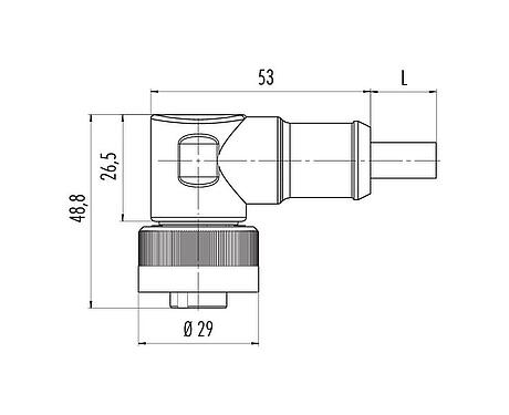 Dibujo a escala RD24 Conector hembra en ángulo, Número de contactos: 6+PE, sin blindaje, moldeado en el cable, IP67, PVC, negro, 7 x 0,75 mm², 2 m