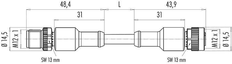 Dessin coté 77 3430 3429 50708-0100 - M12-A Câble de raccordement connecteur mâle - connecteur femelle, Contacts: 8, non blindé, surmoulé sur le câble, IP69K, UL, PUR, noir, 8 x 0,25 mm², 1 m