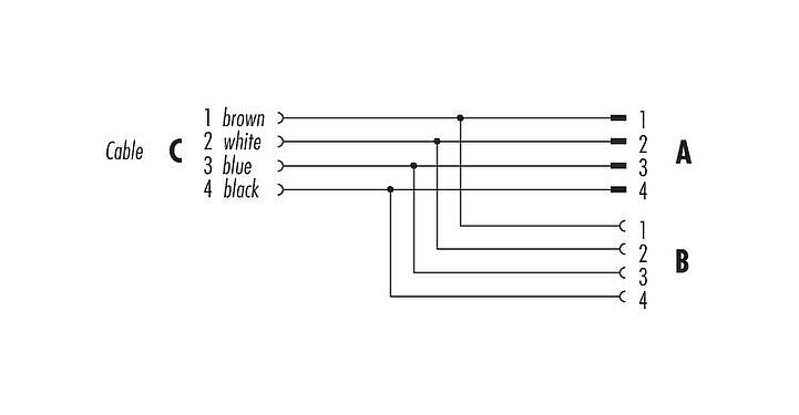 Schémas d’affectation des broches 79 5238 10 04 - M12/M12 Répartiteur double, Y-distributeur, Contacts: 4, non blindé, surmoulé sur le câble, IP68, UL, PUR, noir, 4 x 0,25 mm², 1 m