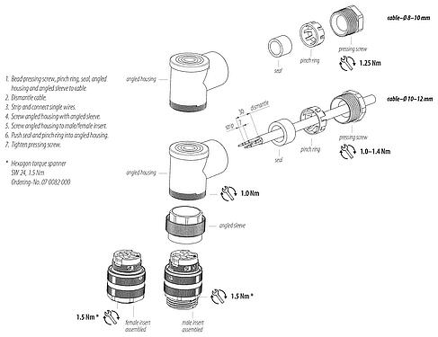 Assembly instructions 7/8" Female angled connector, Contacts: 3+PE, 8.0-10.0 mm, unshielded, screw clamp, IP67, UL 2238, VDE