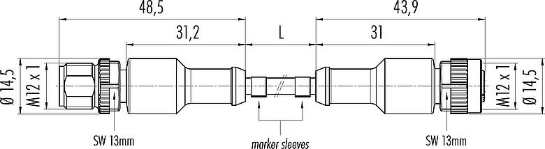 Scale drawing M12 Connecting cable male cable connector - female cable connector, Contacts: 3, unshielded, moulded on the cable, IP67/IP69K, UL 2238, PUR, black, 3 x 0.34 mm², 2 m