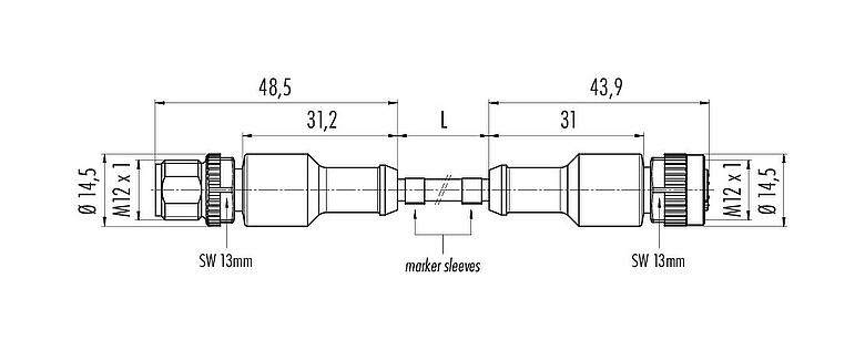 Dessin coté M12 Câble de raccordement connecteur mâle - connecteur femelle, Contacts: 3, non blindé, surmoulé sur le câble, IP67/IP69K, UL 2238, PVC, gris, 3 x 0,34 mm², 5 m