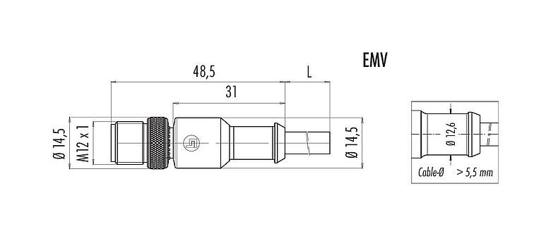 Scale drawing M12 Male cable connector, Contacts: 5, shielded, moulded on the cable, IP67, UL 2238, PVC, grey, 5 x 0.25 mm², 10 m
