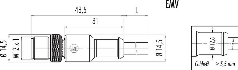 Dibujo a escala M12 Conector de cable macho, Número de contactos: 4, blindado, moldeado en el cable, IP67, UL 2238, PVC, gris, 4 x 0,34 mm², 2 m