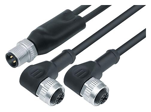 Illustration M12 Male cable splitter - 2 female angled connector, Contacts: 4/3, unshielded, moulded on the cable, IP68, UL 2238, PUR, black, 3 x 0.34 mm², 2 m