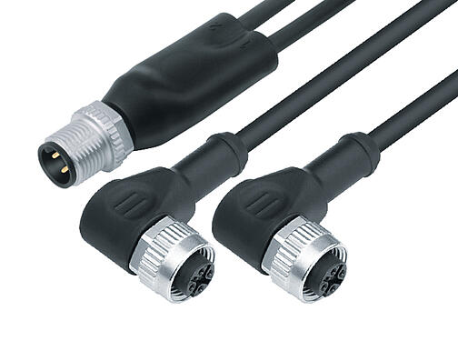 Illustration 77 9829 3434 50003-0100 - M12 Male duo connector - 2 female angled connector M12x1, Contacts: 4/3, unshielded, moulded on the cable, IP68, PUR, black, 3 x 0.34 mm², 1 m