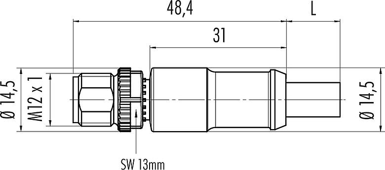 Scale drawing M12 Male cable connector, Contacts: 5, shielded, moulded on the cable, IP68, UL 2238, CAN-Bus, PUR, violet, 1 x 2 x AWG 22 + 1 x 2 x AWG 24, 2 m