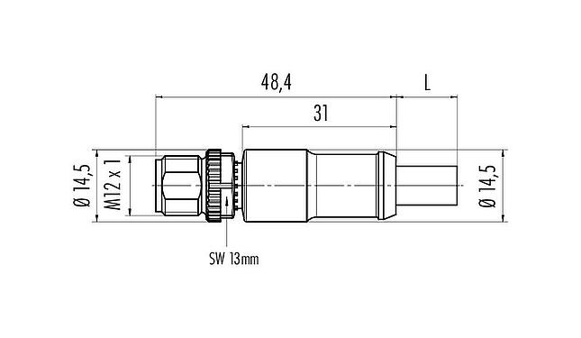 Scale drawing M12 Male cable connector, Contacts: 5, shielded, moulded on the cable, IP68, UL 2238, CAN-Bus, PUR, violet, 1 x 2 x AWG 22 + 1 x 2 x AWG 24, 10 m