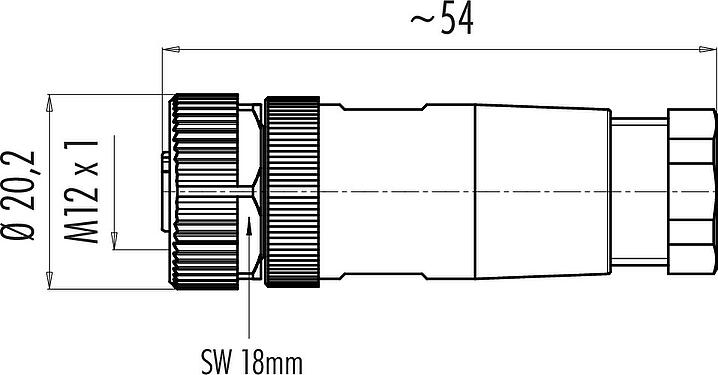 Dibujo a escala M12 Conector de cable hembra, Número de contactos: 4, 4,0-6,0 mm, sin blindaje, tornillo extraíble, IP67, UL 2238