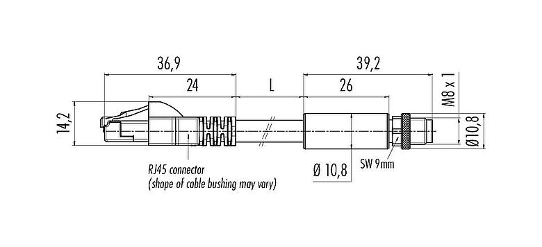 Scale drawing M8 Connecting cable male cable connector - RJ45 connector, Contacts: 4, shielded, molded/crimp, IP67, UL, Profinet/Ethernet CAT5e, PUR, green, 4 x AWG 22, 0.3 m