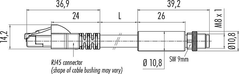 Scale drawing M8 Connecting cable male cable connector - RJ45 connector, Contacts: 4, shielded, molded/crimp, IP67, UL, Ethernet CAT5e, TPE, teal, 2 x 2 x AWG 24, 0.3 m