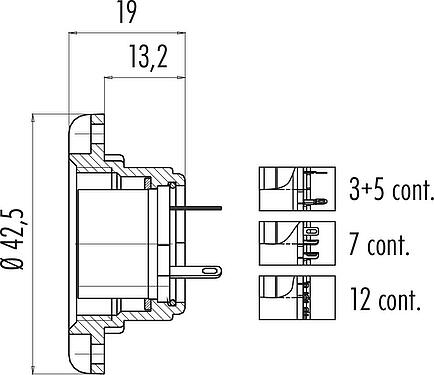 Scale drawing M25 Female panel mount connector, Contacts: 12, shieldable, solder, IP40, Front mounting
