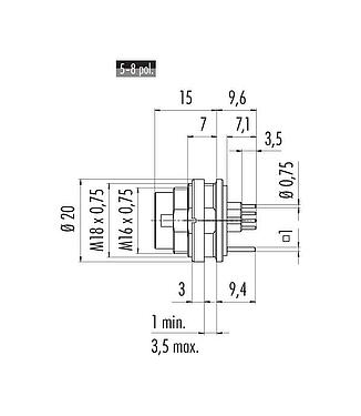 Dessin coté M16 Embase mâle, Contacts: 8 (08-a), blindable, THT, IP68, UL 2238, AISG conforme, M18x0,75, Montage mural arrière