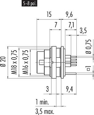 Scale drawing M16 Male panel mount connector, Contacts: 4 (04-a), shieldable, THT, IP67, UL 2238, M18x0,75, Rear mounting