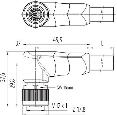 Dibujo a escala M12 Conector hembra en ángulo, Número de contactos: 4+PE, sin blindaje, moldeado en el cable, IP68, UL 2238, PUR, negro, 5 x 1,50 mm², 2 m