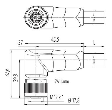 Scale drawing 77 0674 0000 50505-0500 - M12 Female angled connector, Contacts: 4+PE, unshielded, moulded on the cable, IP68, PUR, black, 5 x 2,50 mm², UL in preparation, 5 m