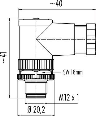 Scale drawing M12 Male angled connector, Contacts: 4, 6.0-8.0 mm, unshielded, wire clamp, IP67