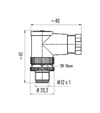 Dibujo a escala M12 Conector macho en ángulo, Número de contactos: 5, 4,0-6,0 mm, sin blindaje, abrazadera de alambre, IP67