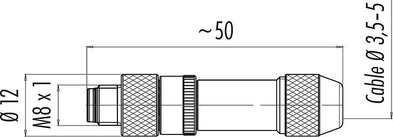 Scale drawing M8 Male cable connector, Contacts: 4, 3.5-5.0 mm, shieldable, solder, IP67, UL 2238
