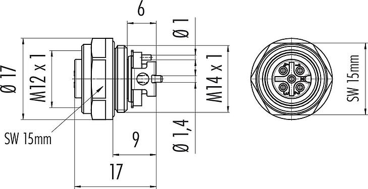 Dessin coté M12 Embase femelle, Contacts: 5, non blindé, SMT, IP67, M14x1,0, Montage frontal