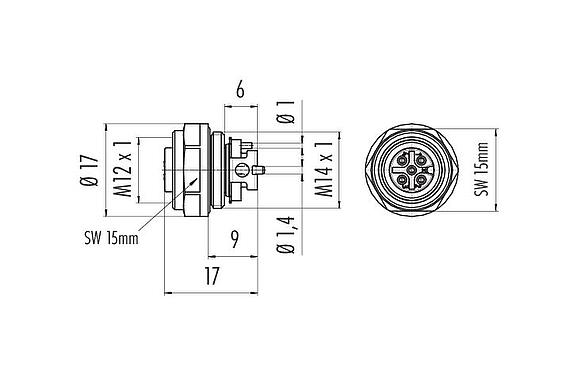 Scale drawing M12 Female panel mount connector, Contacts: 5, unshielded, SMT, IP67, M14x1.0, Front mounting