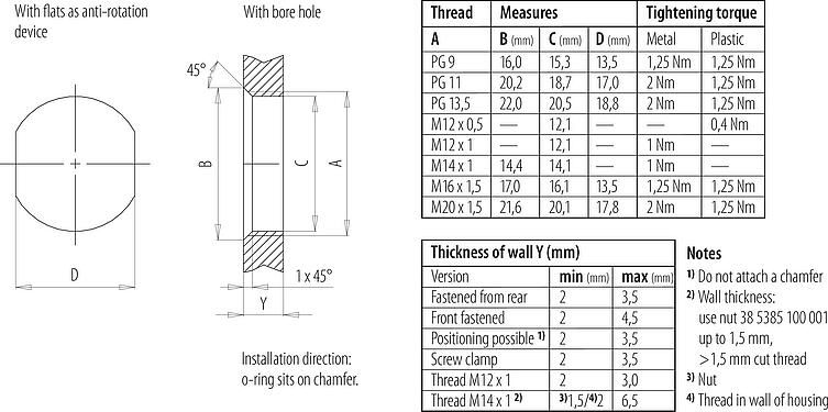 Assembly instructions / Panel cut-out M12 Male panel mount connector, Contacts: 4, unshielded, screw clamp, IP67, UL 2238, M20x1.5, Front mounting, for the power supply