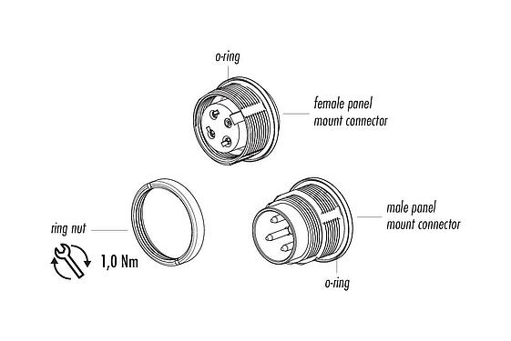 Component part drawing M16 Male panel mount connector, Contacts: 5 (05-a), unshielded, solder, IP67, UL 2238, M18x0,75, Rear mounting