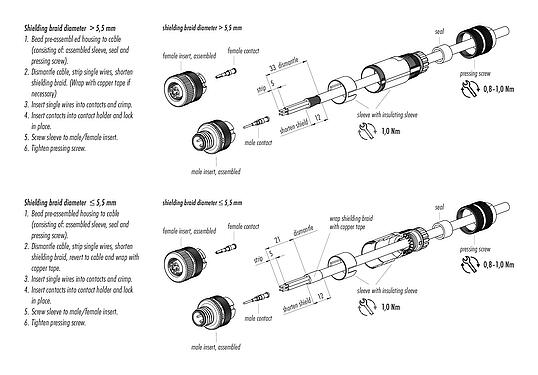 Instructions de montage 99 1434 814 04 - M12 Connecteur femelle, Contacts: 4, 5,0-8,0 mm, blindable, sertir (Les contacts à sertir doivent être commandés séparément), IP67, UL