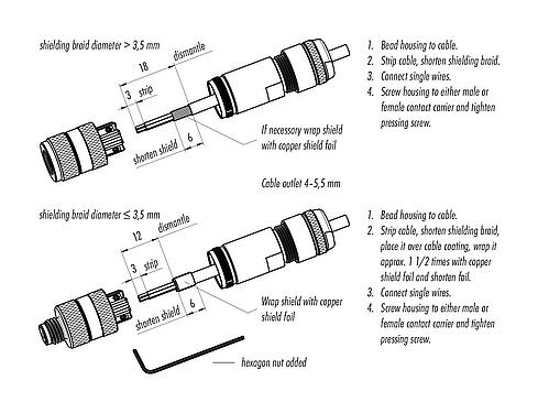 Assembly instructions M8 Female cable connector, Contacts: 4, 4.0-5.5 mm, shieldable, screw clamp, IP67, M8x1.0, iris spring