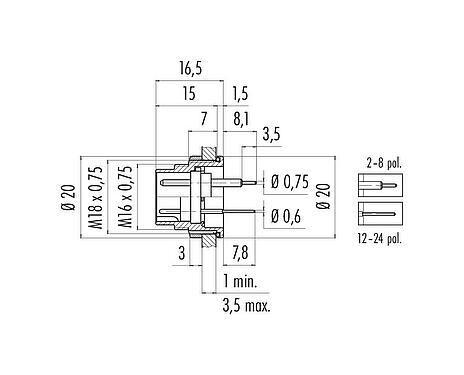 Dessin coté M16 Embase mâle, Contacts: 8 (08-a), non blindé, THT, IP68, UL 2238, AISG conforme, M18x0,75, Montage mural arrière