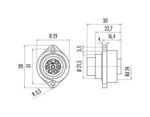 Scale drawing 09 4204 00 07 - RD24 Female panel mount connector, Contacts: 6+PE, unshielded, crimping (Crimp contacts must be ordered separately), IP67, UL, ESTI+, VDE
