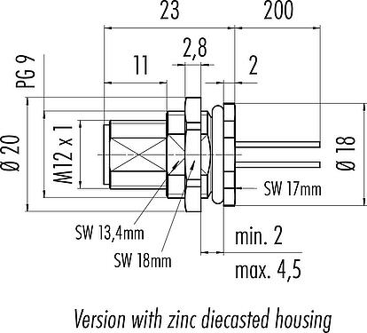 Scale drawing M12 Male panel mount connector, Contacts: 4, unshielded, single wires, IP68, UL 2238, PG 9, Rear mounting